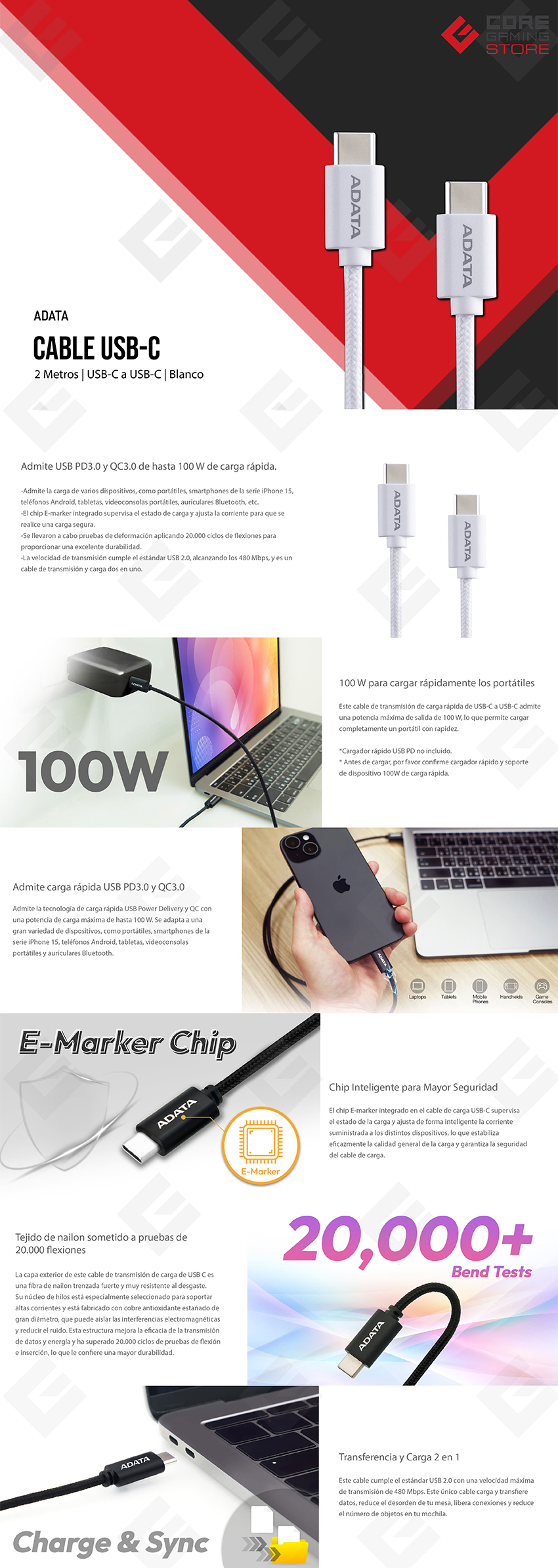 Cable ADATA USB-C a USB-C, Blanco, 2 Metros, 100W, Nylon Trenzado, USB 2.0 - CACC-200PN-WH