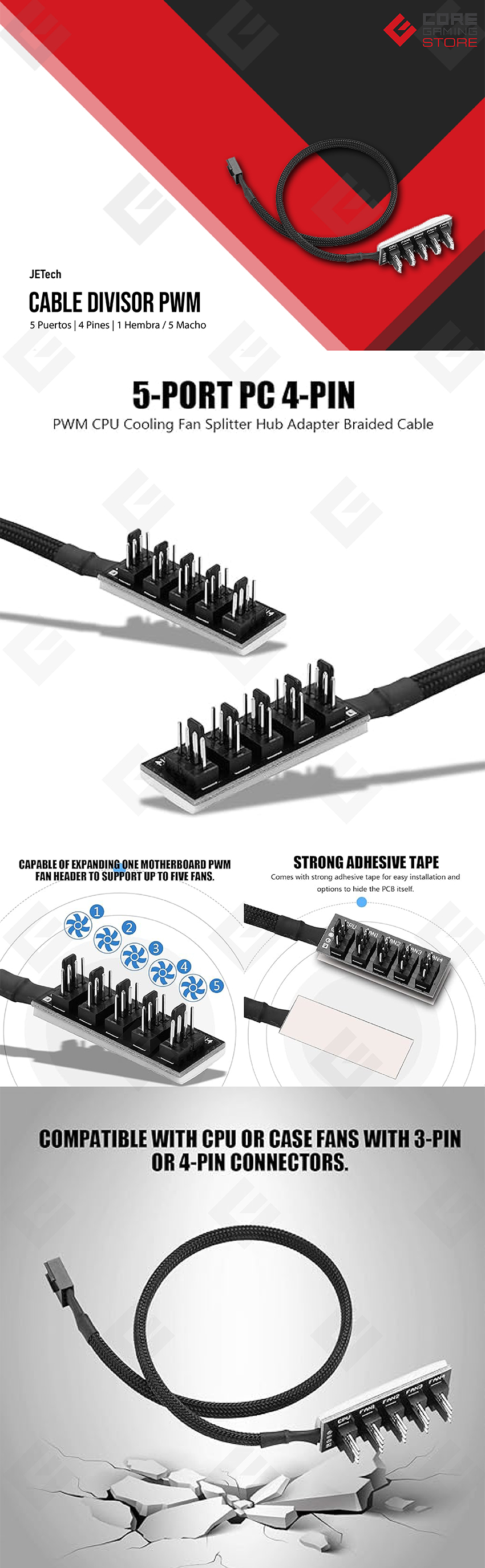 Cable Divisor PWM 1 a 5, 4 Pines, Extensión de Alimentación para PC, Adaptador Hub Trenzado - PWM-4P5FHUB