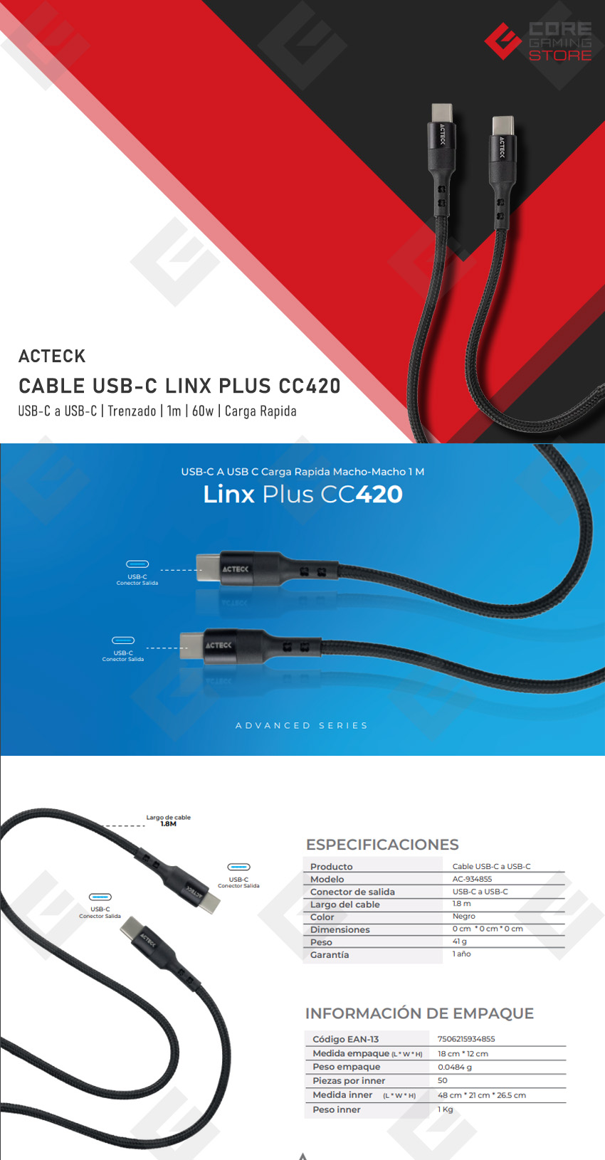 Cable USB-C Acteck Linx Plus CC420, 1 Metro, 60w, Trenzado, Carga rapida - AC-934855