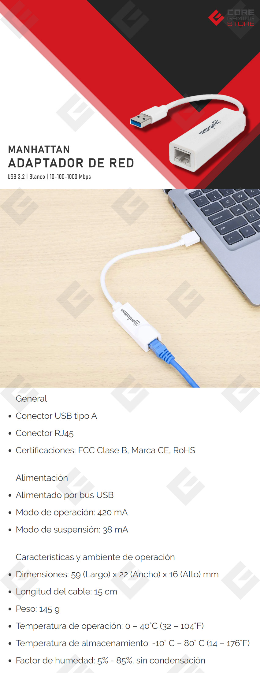 Adaptador de Red Manhattan USB 3.2, 10/100/1000 Mbps - 506847