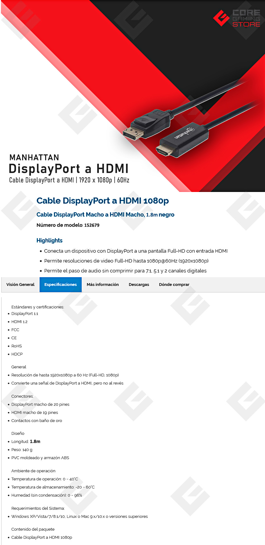 Cable DisplayPort a HDMI Manhattan, 1080p, 60Hz, 1.8m - 152679