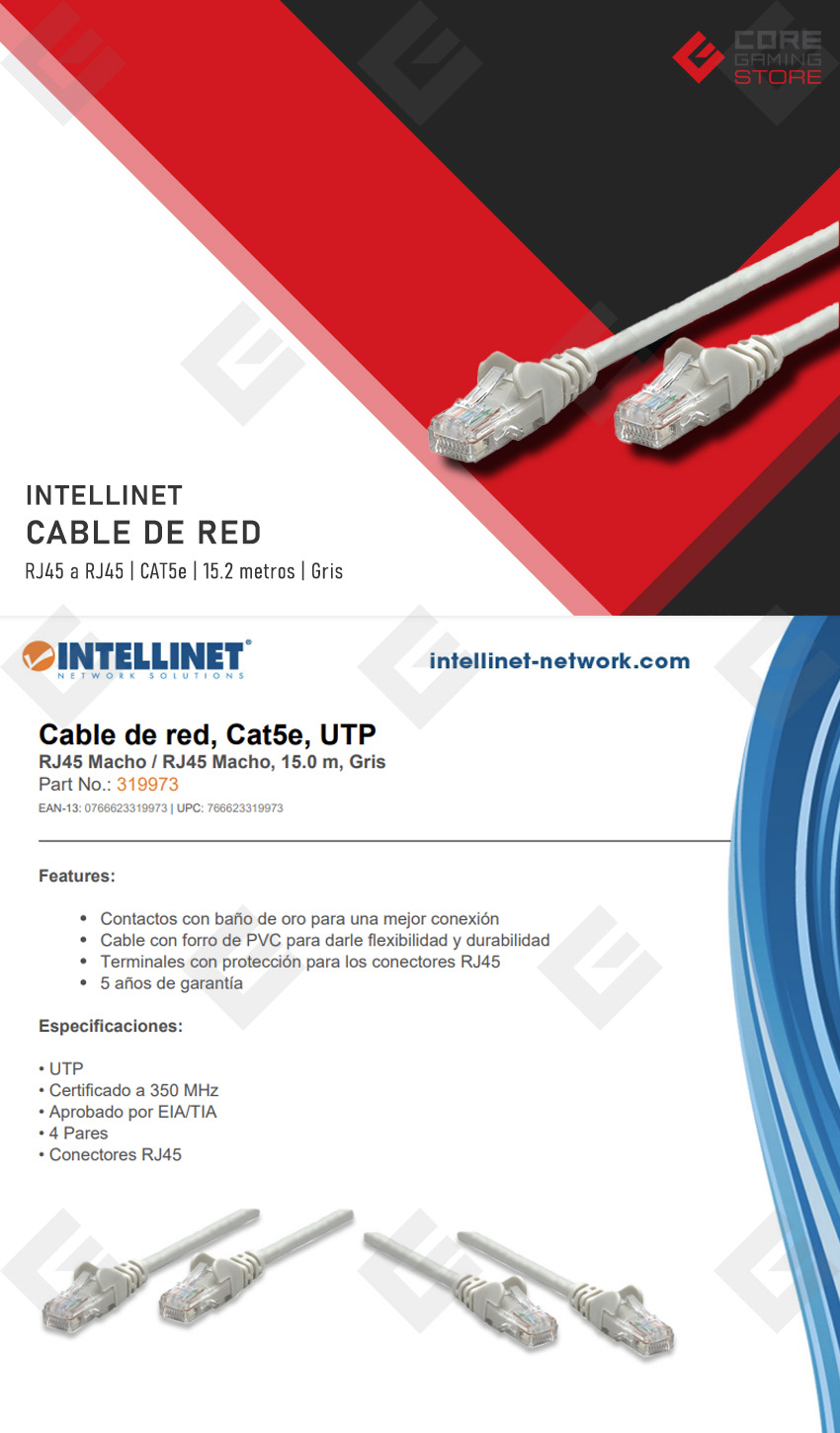 Cable de Red INTELLINET Gris, 15.2 m, Cat5e, RJ-45/RJ-45, Macho/Macho - 319973