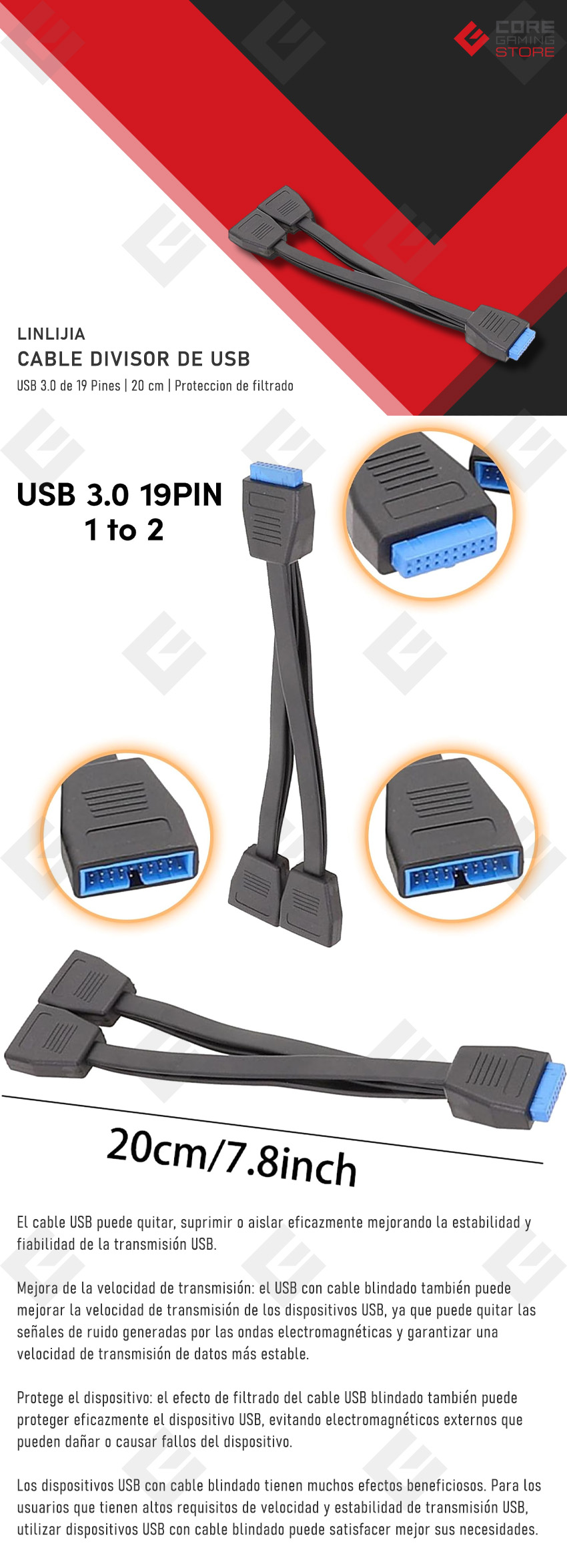 Cable Divisor de USB 3.0, 20 cm, 19 Pines - B0CN52QRC4