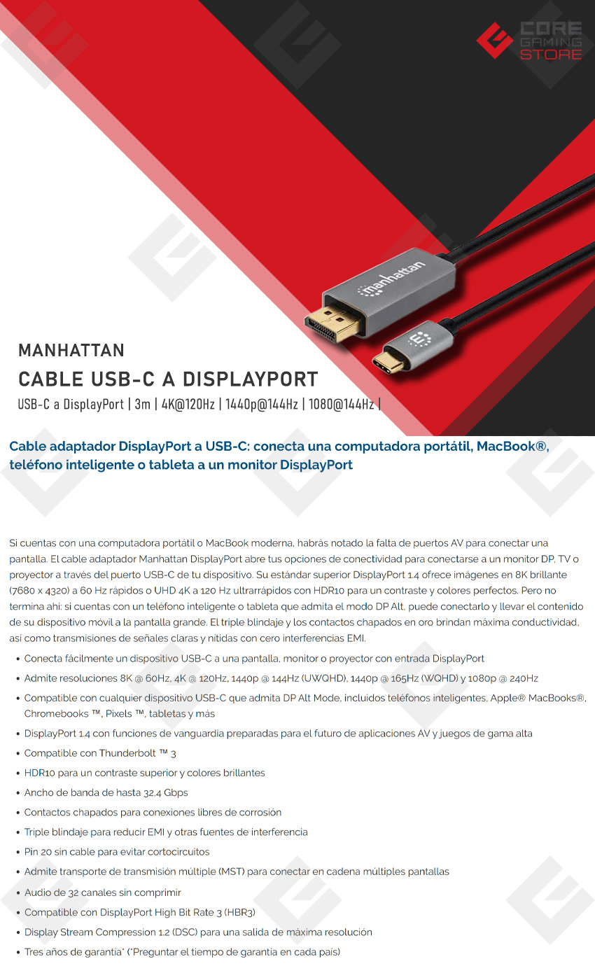 Cable USB-C a DisplayPort Manhattan, 3 Metros, 4k@120Hz, 1080&1449@144HZ - 354851