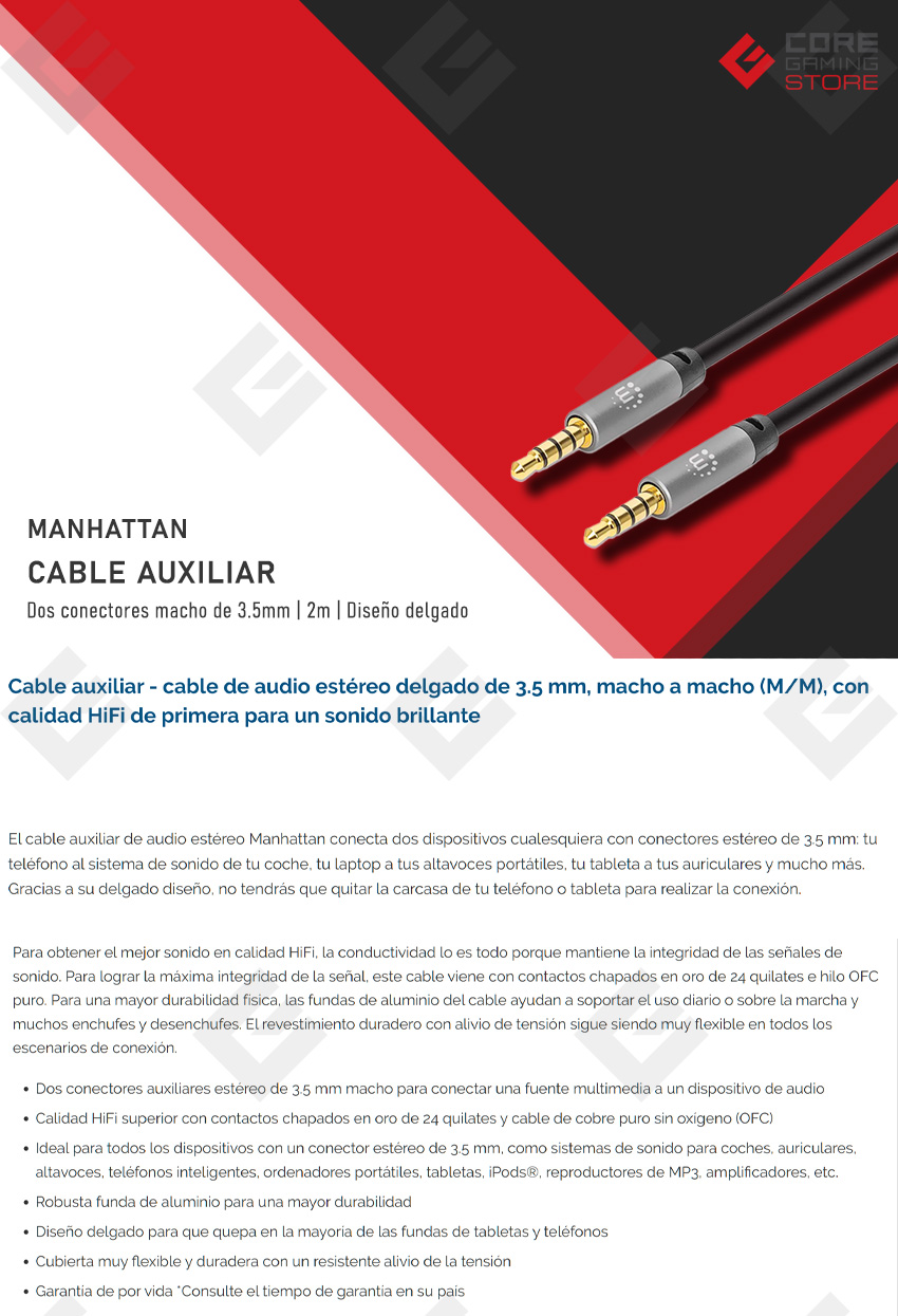 Cable Auxiliar Manhattan, 3.5mm, 2m, Aluminio plateado - 355995