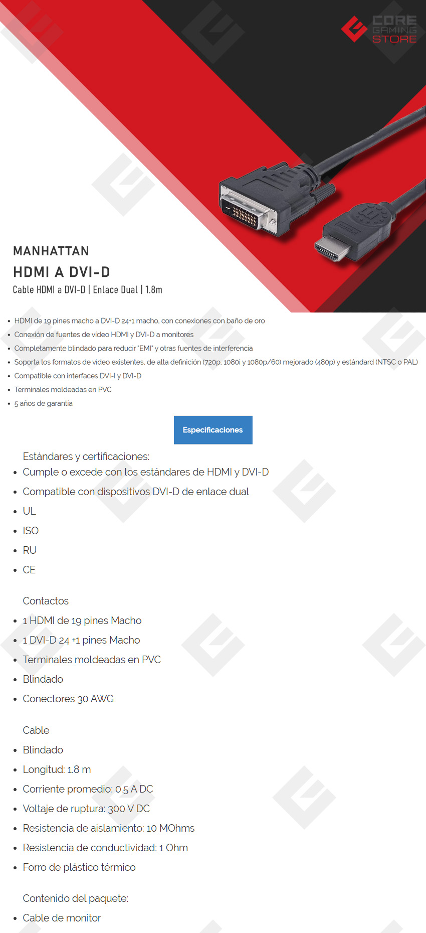 Cable HDMI a DVI-D Manhattan, 1080p, 60Hz, 1.8m - 372503