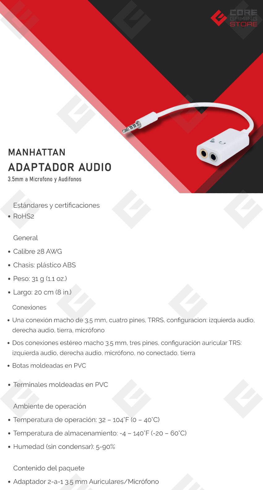 Adaptador de Audio Manhattan 3.5mm de 1 Macho a 2 hembras - 354561