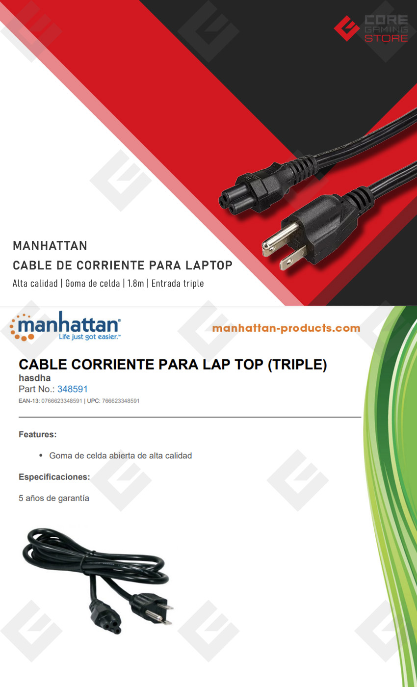 Cable de corriente para Laptop Manhattan, 1.8m - 348591