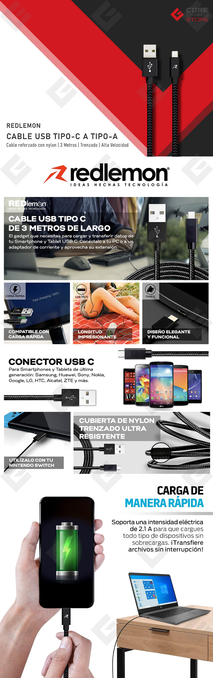 Cable Redlemon USB-C a USB-A, Nylon trenzado, 3 metros - 78573