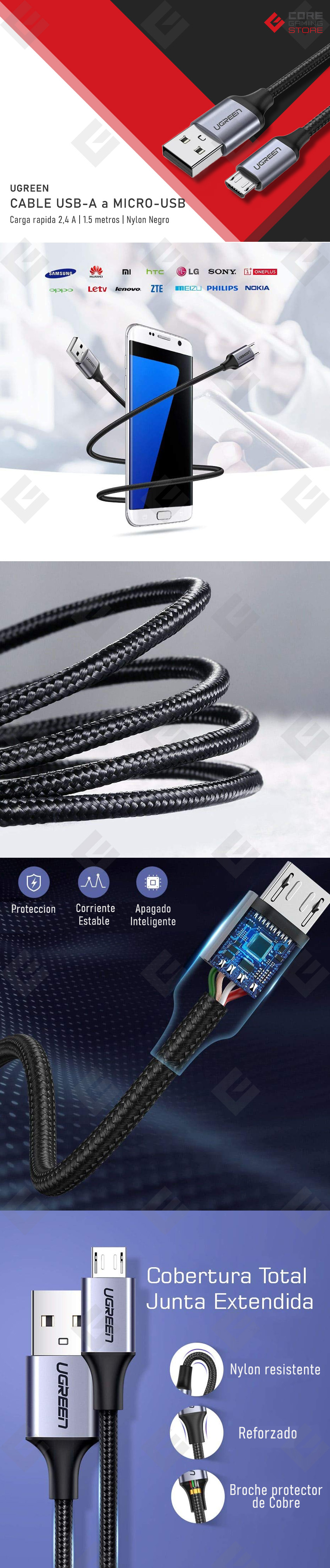 Cable UGREEN USB-A a Micro-USB 1.5m, Carga Rapida, Nylon Negro - 60147