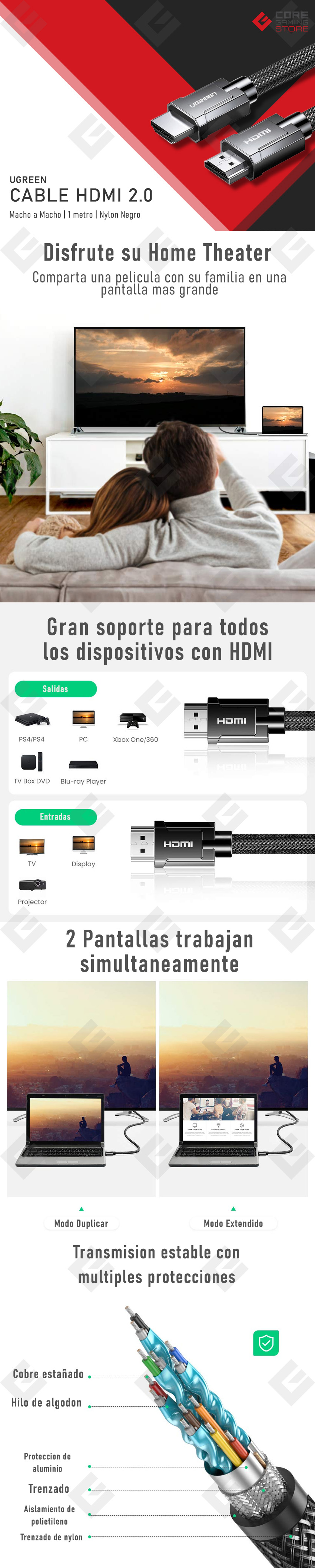 Cable UGREEN HDMI 2.0, Nylon Negro, 1m - 70322