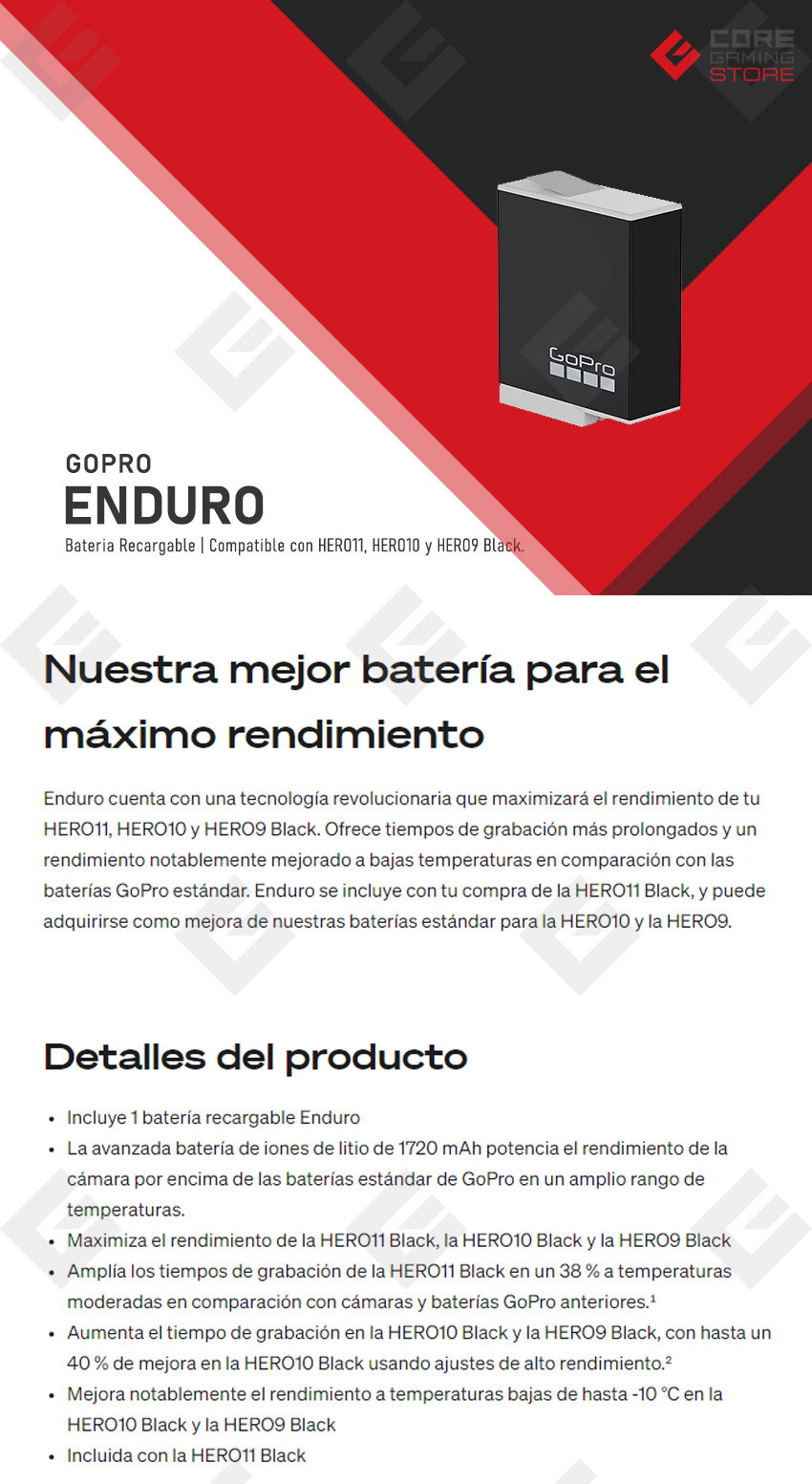GoPro Enduro | Bateria recargable | Compatible con GoPro Hero 9 Black, Hero 10 y Hero 11 - ADBAT-011