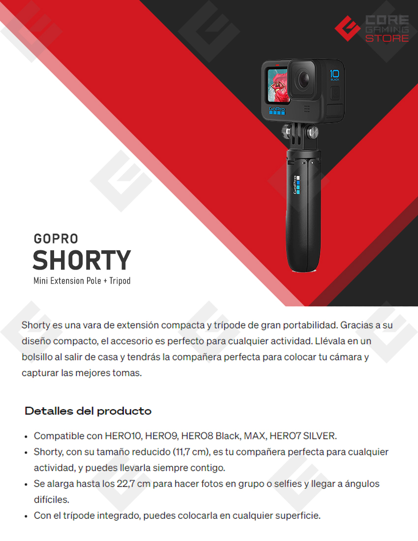 GoPro Shorty | Mini Extension Pole + Tripod | Compatible con GoPro Hero 7 Silver, Hero 8 Black, Hero 9 y Hero 10 - AFTTM-001