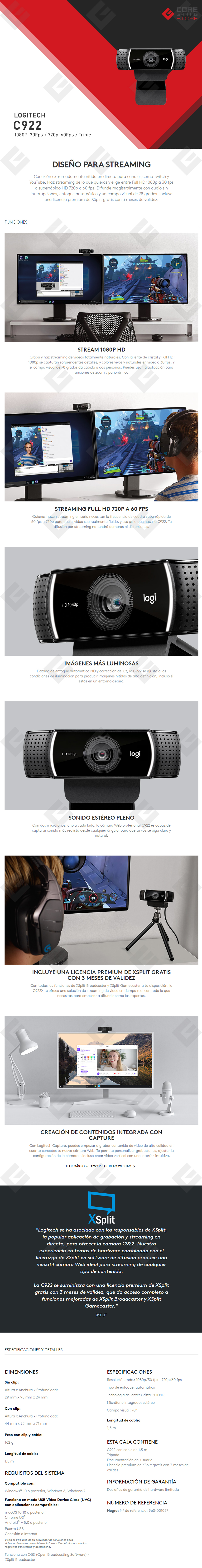 Webcam Logitech C922 Pro Stream, Full HD 1080p USB, streaming alta calidad  Twitch y