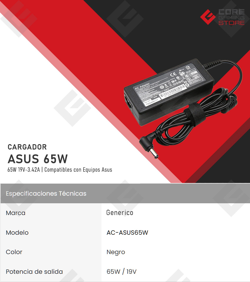 Cargador para Laptop Asus 65W 19V-3.42A - AC-ASUS65W