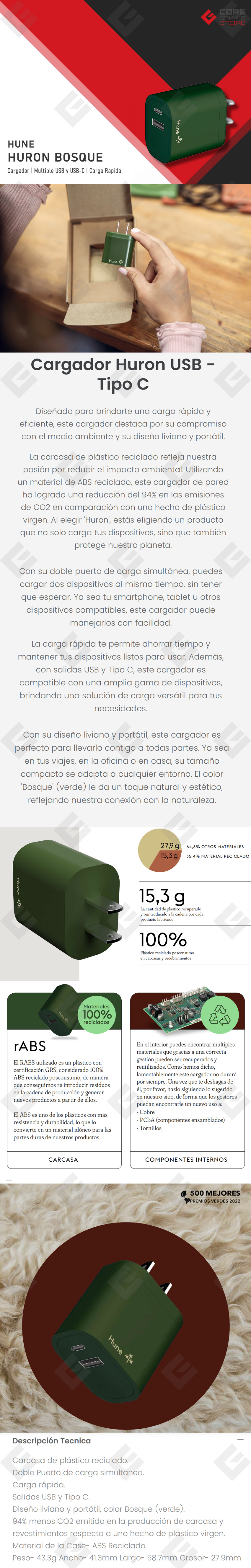 Cargador Hune Huron Bosque, Multiple USB y USB-C, Carga Rapida - AT-CC-WA-061-BOSQUE