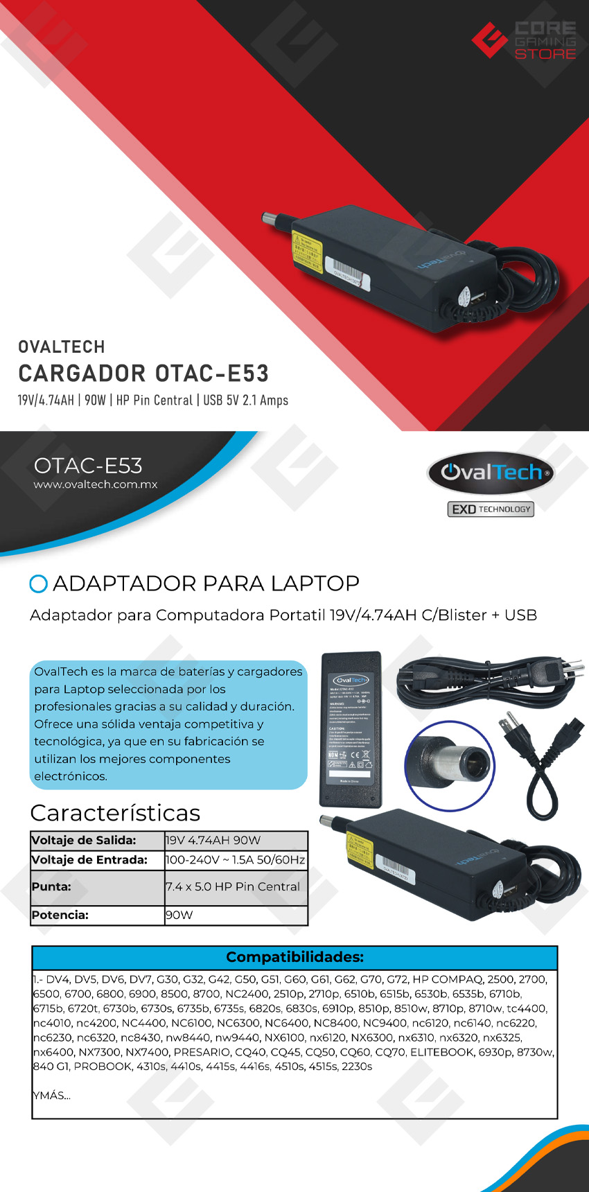 Cargador universal para laptop Ovaltech 19V/4.74AH + USB - OTAC-E53