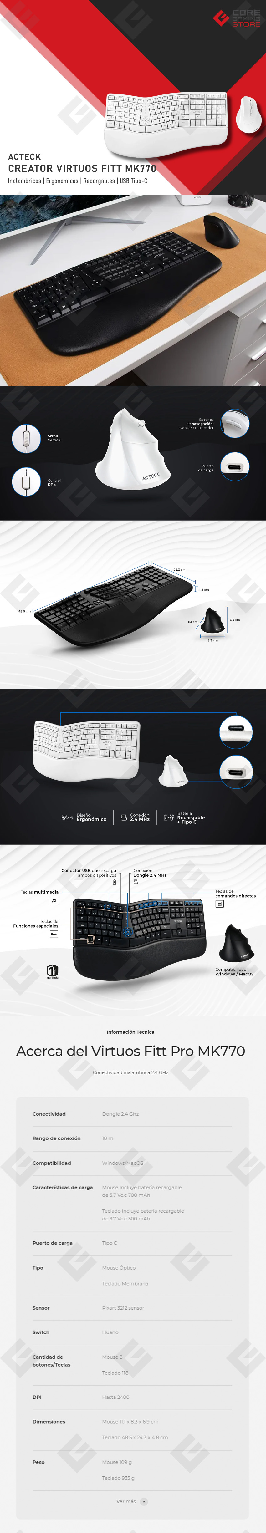 Combo de Teclado y Mouse Acteck Creator Virtuos Fitt MK770, Inalámbrico, Ergonomicos, Español, Blanco - AC-936255