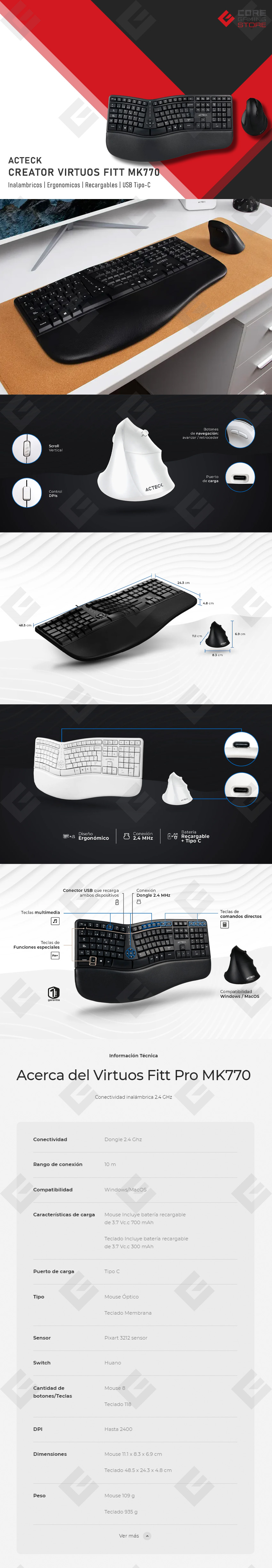 Combo de Teclado y Mouse Acteck Creator Virtuos Fitt MK770, Inalámbrico, Ergonomicos, Español, Negro - AC-936248