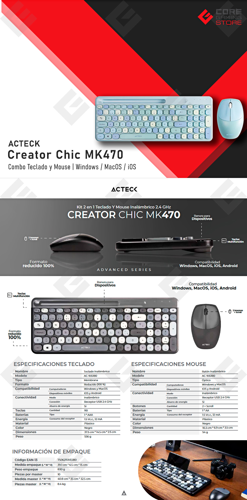 Combo de Teclado y Mouse Acteck Creator Chic MK470, Inalámbrico, Español - AC-935197