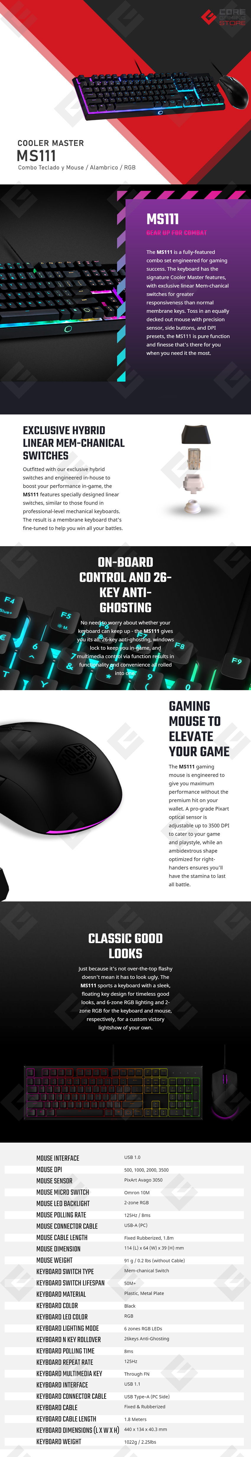 Combo De Teclado Y Mouse Cooler Master Ms111 Rgb Ms 111 Kkmf1 Ls Core Gaming