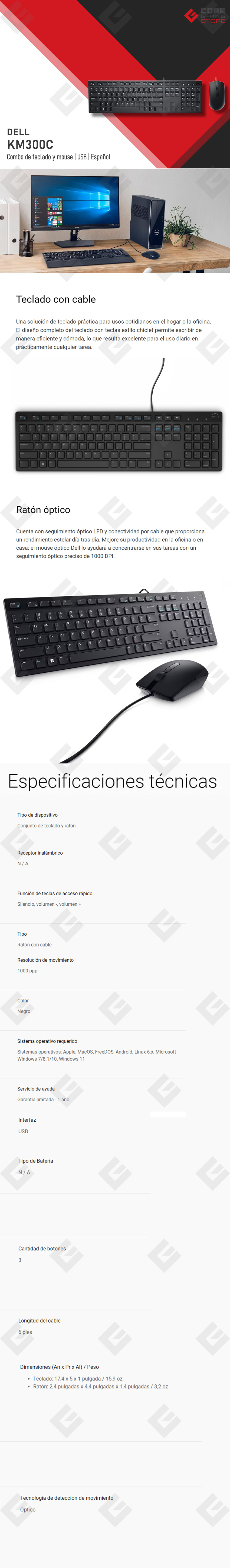 Combo de Teclado y Mouse Dell KM300C, Alámbrico, Español - 580-AKKW