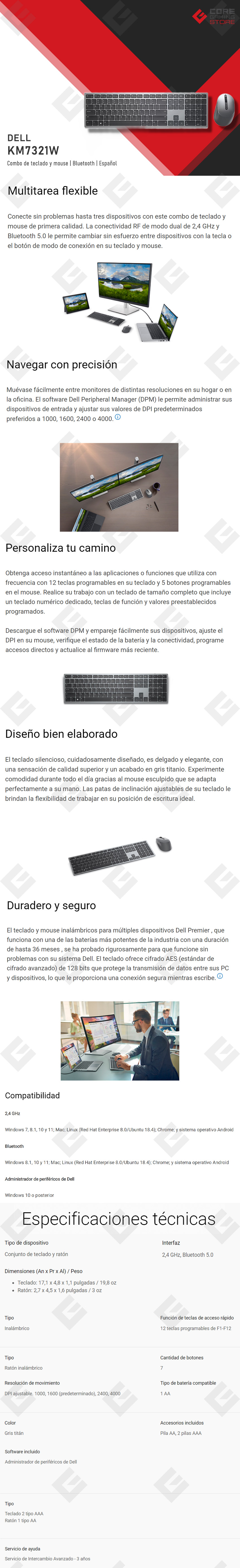 Combo de Teclado y Mouse Dell KM7321W, Inalámbrico, Español - 580-AJIY