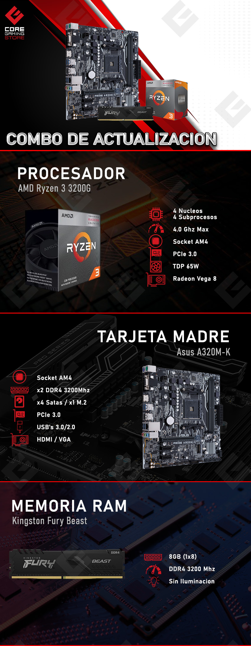 Combo de Actualización AMD Ryzen 3 3200G / Asus Prime A320M-K / 8GB RAM 3200 Mhz