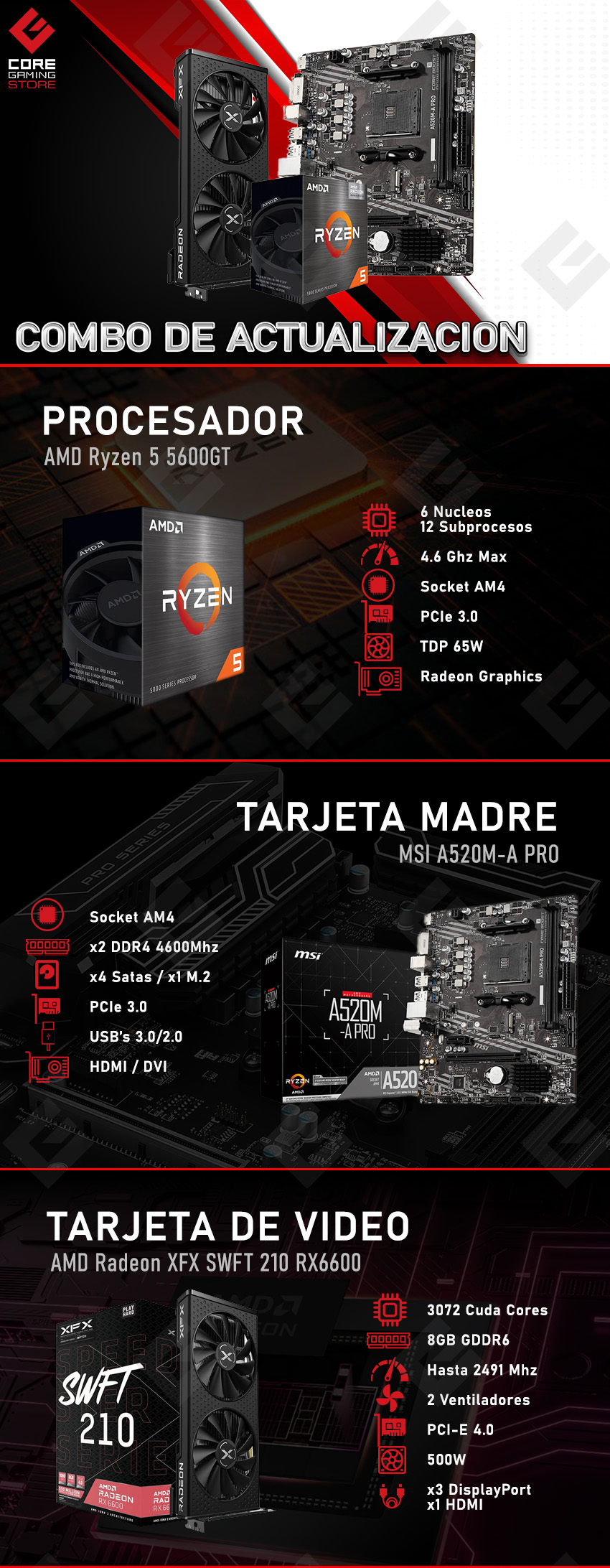 Combo de Actualización AMD Ryzen 5 5600GT / MSI A520M-A PRO / AMD Radeon XFX SWFT 210 RX6600