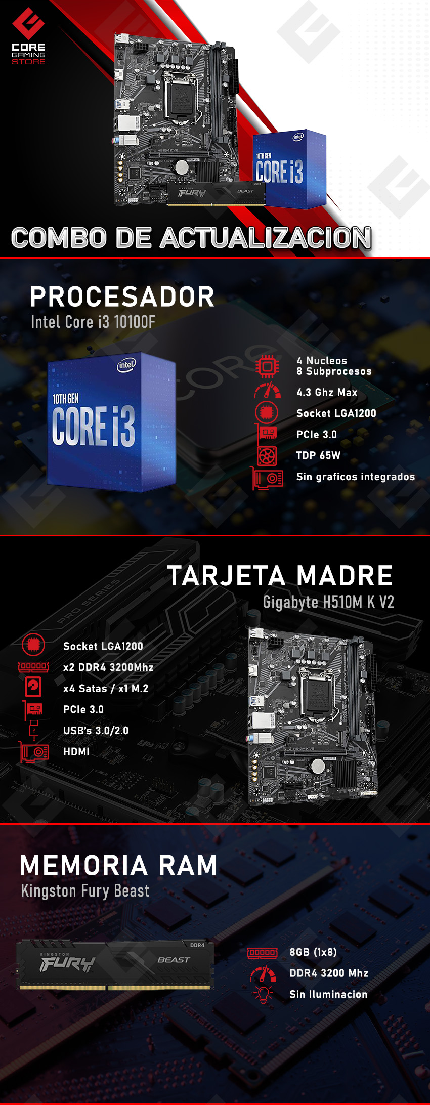 Combo de Actualización Intel Core i3 10100F / Gigabyte H510M K V2 / 8GB RAM 3200 Mhz