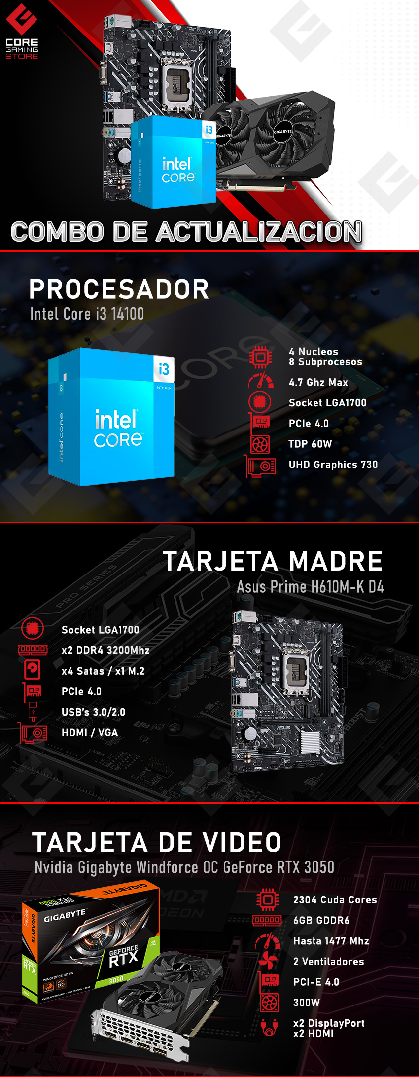 Combo de Actualización Intel Core i3 14100 / Asus Prime H610M-K D4 / GeForce RTX 3050