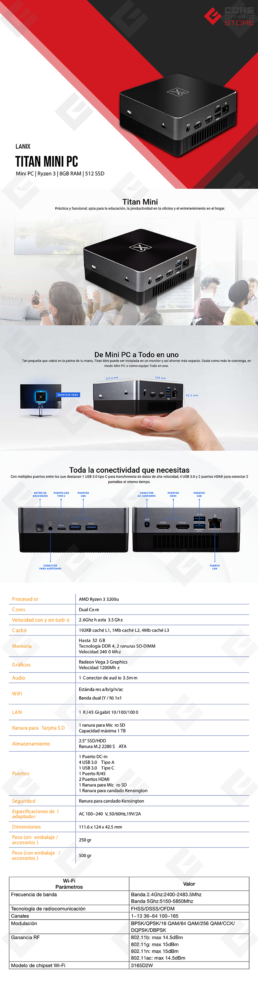 Mini PC Lanix Titan Mini 41878, AMD Ryzen 3 3200U, 8GB RAM, 512GB SSD, Windows 11 Pro, Teclado y Mouse - 41878
