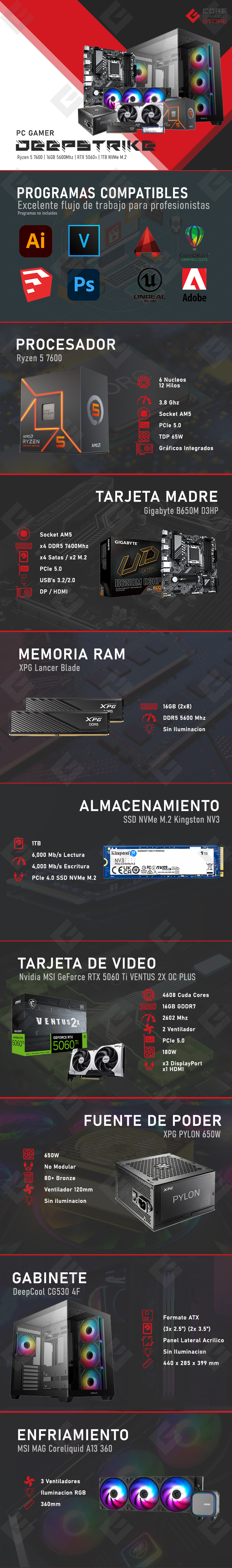 PC Gamer DeepStrike | AMD Ryzen 5 7600 | Nvidia RTX 5060 TI | RAM 16GB DDR5 | 1TB M.2 | 4 Ventiladores RGB
