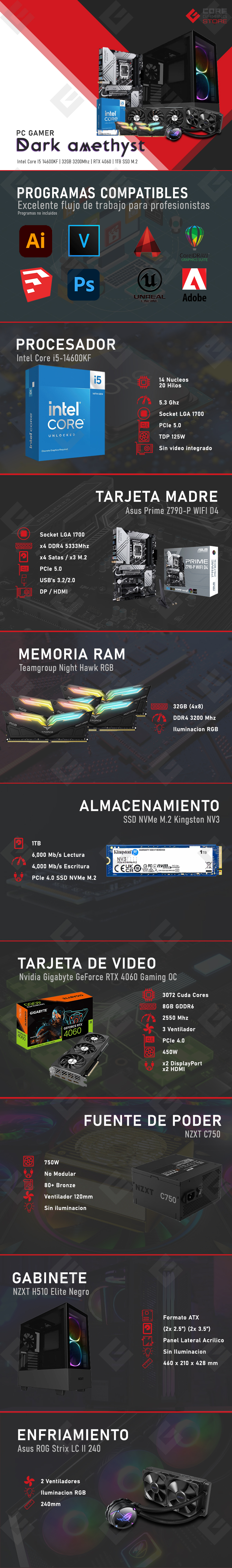 PC Gamer Dark Amethyst | Intel Core i5-14600KF | RTX 4060 | RAM 32GB | 1TB M.2 | 2 Ventiladores ARGB 140mm