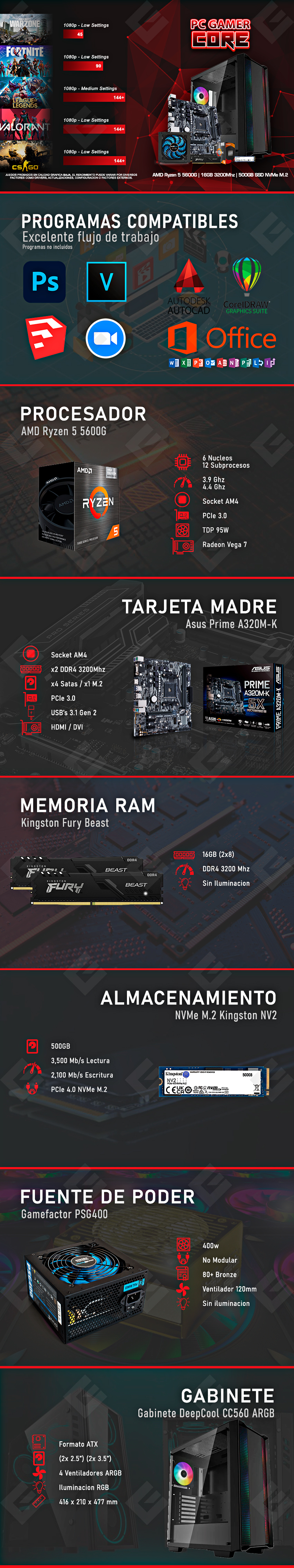 PC Gamer Core | AMD Ryzen 5 5600G | 16GB 3200Mhz | 500GB SSD NMVe M.2 | 4 Ventiladores