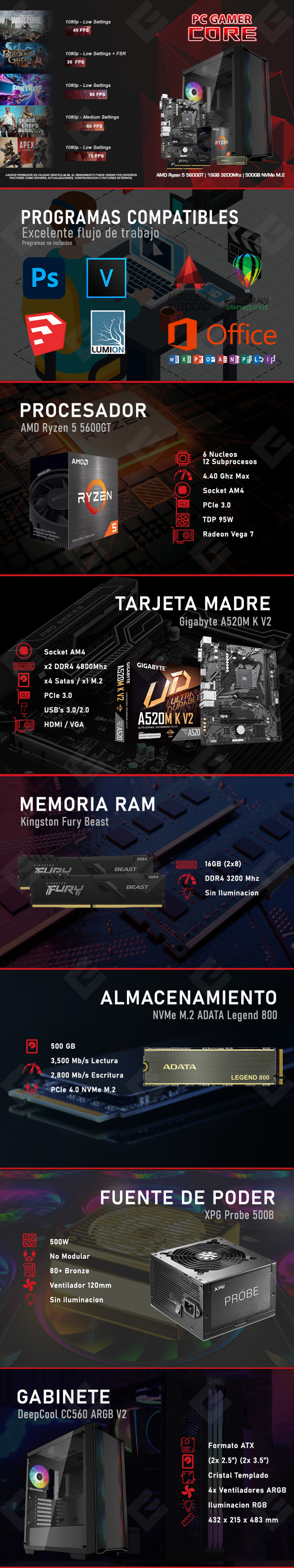 PC Gamer Core | AMD Ryzen 5 5600GT | 16GB 3200Mhz | 500GB M.2 | 4 Ventiladores