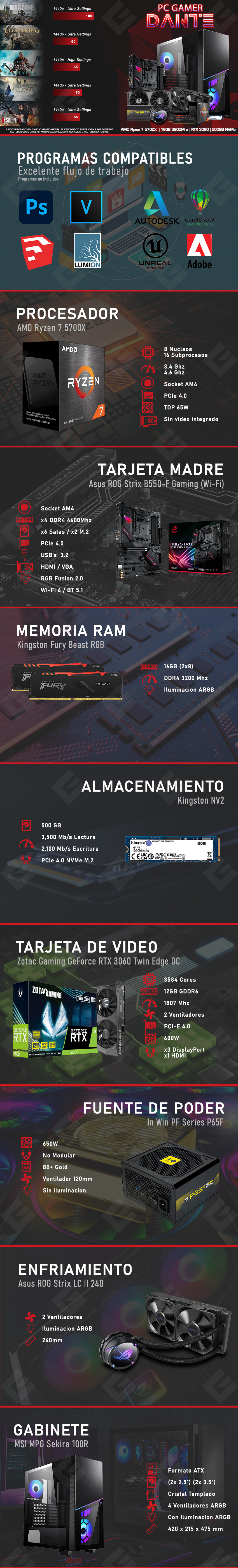 PC Gamer Dante | AMD Ryzen 7 5700X | 16GB 3200Mhz | RTX 3060 12GB | 500GB NVMe M.2 