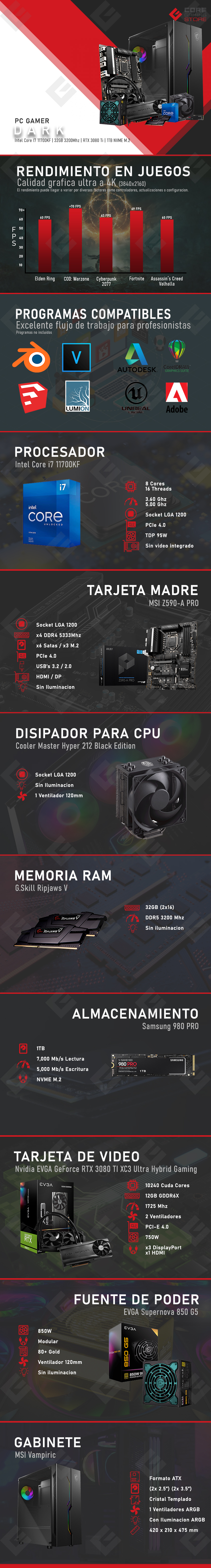 PC Gamer Dark | Intel Core I7 11700K | 32GB 3200Mhz | RTX 3080 Ti | 1TB SSD NVME M.2