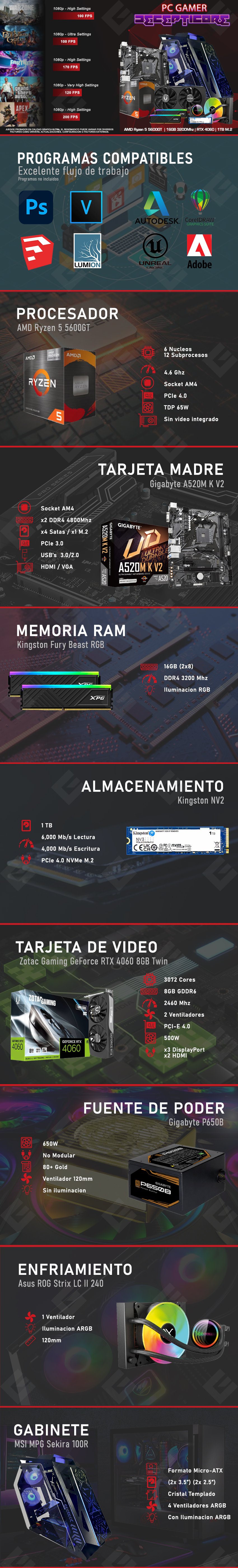 PC Gamer Decepticore | AMD Ryzen 5 5600 GT | Nvidia RTX 4060 8GB | RAM 16GB DDR4 3200Mhz | 1TB M.2 | 4 Ventiladores RGB