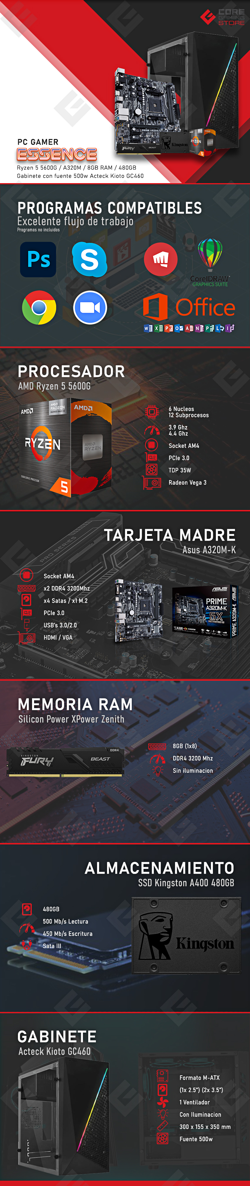PC Essence | AMD Ryzen 5 5600G | 8GB 3200Mhz | SSD 480GB