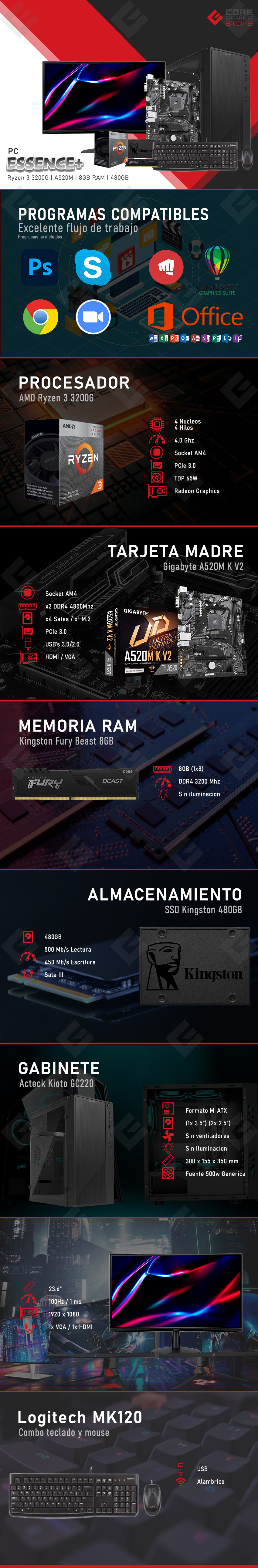 PC Essence + | AMD Ryzen 3 3200G | 8GB 3200Mhz | SSD 480GB | Monitor | Teclado y Mouse