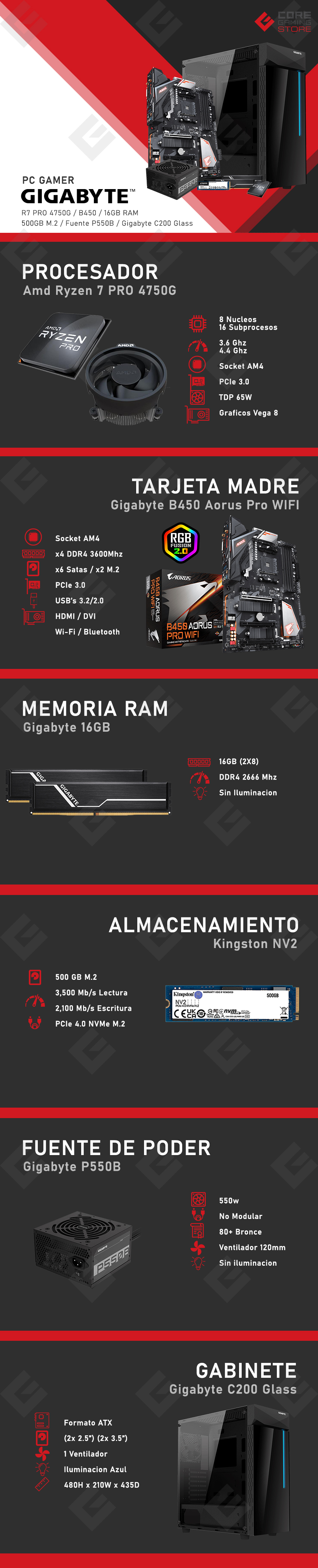 PC Gamer Gigabyte | AMD Ryzen 7 4750G | 16GB 2666Mhz | 500GB SSD NVMe M.2