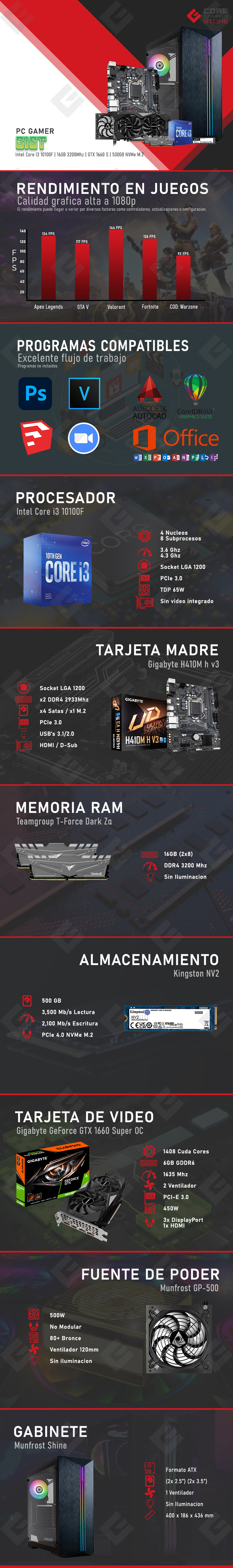 PC Gamer Gist | Intel Core I5 10400 | 16GB 3200Mhz | GTX 1650 | 480GB SSD | Combo de teclado y mouse Yeyian Phoenix 2000 de regalo - Precio Especial