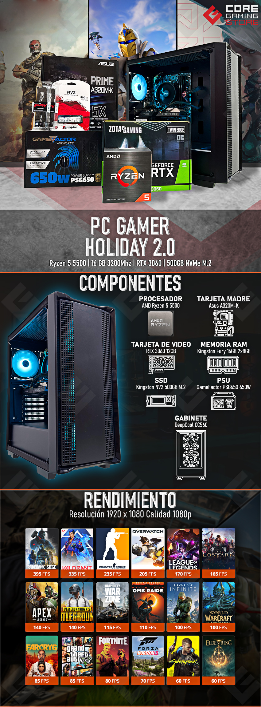 PC Gamer Holiday 2.0 | AMD Ryzen 5 5500 | Zotac Nvidia RTX 3060 12GB | 16GB DDR4 | 500 SSD M.2 