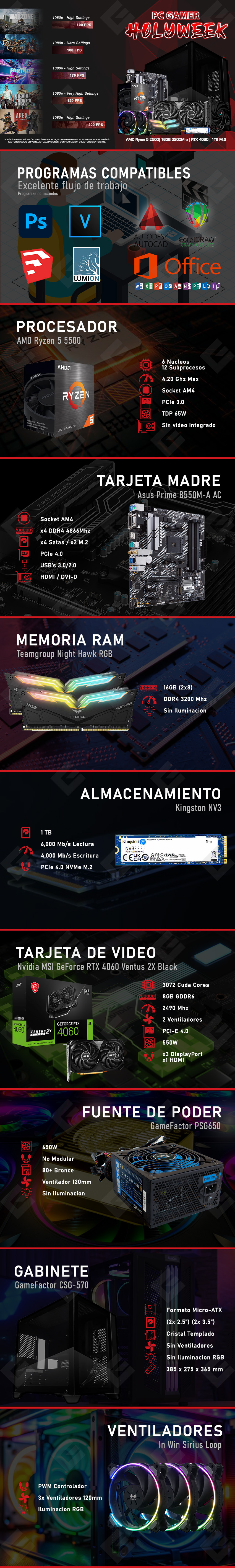 PC Gamer Holyweek | AMD Ryzen 5 5500 | 16GB 3200Mhz | RTX 4060 | 1TB NVMe M.2