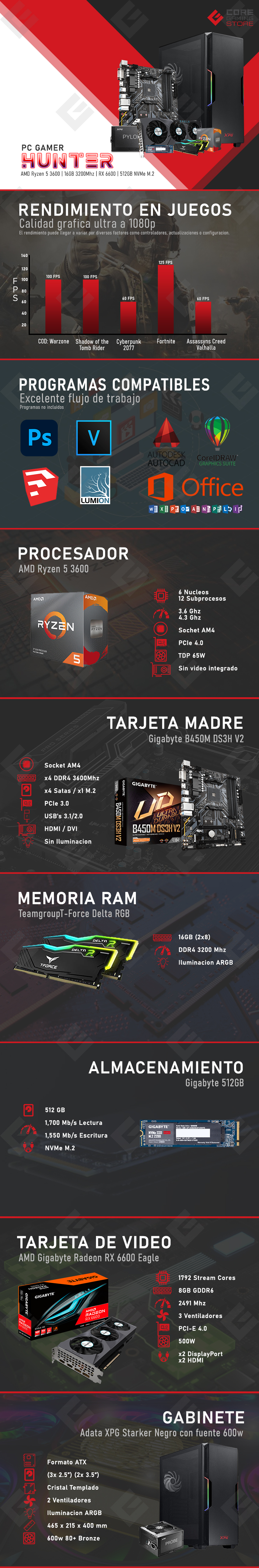 PC Gamer Hunter | AMD Ryzen 5 3600 | 16GB 3200Mhz | RX 6600 | 512GB NVMe M.2 