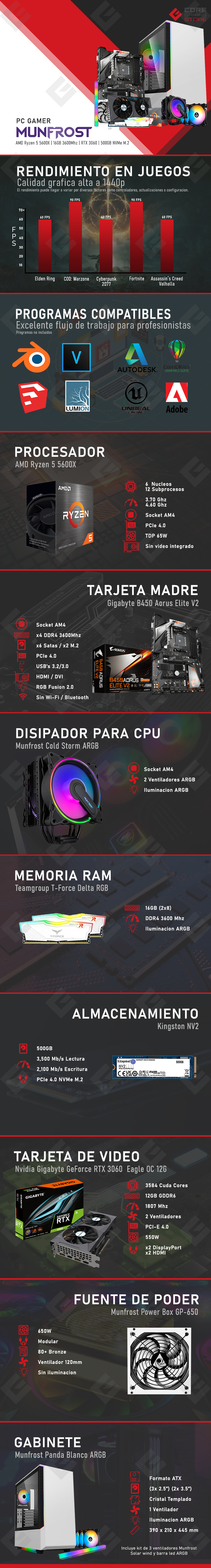 PC Gamer Munfrost | AMD Ryzen 5 5600X | 16GB 3600Mhz | RTX 3060 | 500GB NVMe M.2 