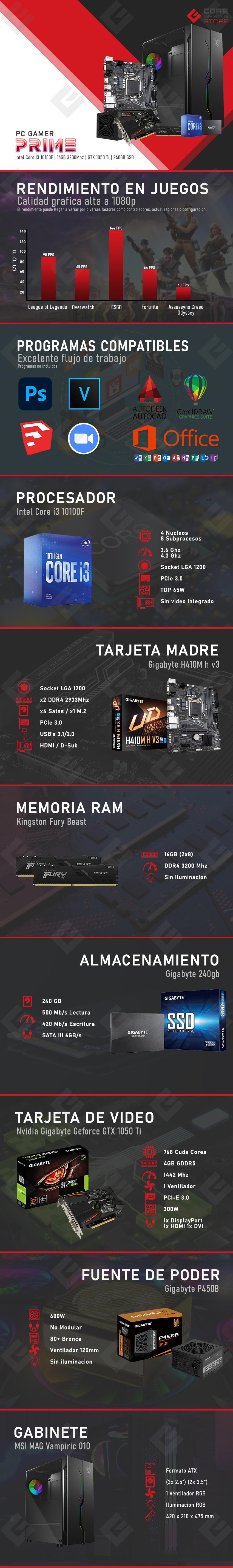 PC Gamer Prime | Intel Core I3 10100 | 8GB 2666Mhz | GTX 1050 Ti | 240GB SSD