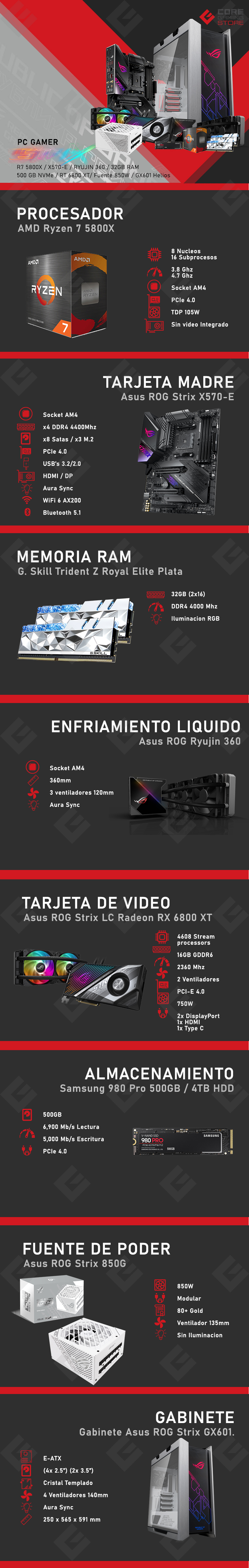 PC Gamer ROG Strix | AMD Ryzen 7 5800X | 32GB 4000Mhz | RX 6800 XT | 500GB NVMe M.2 | 4TB HDD