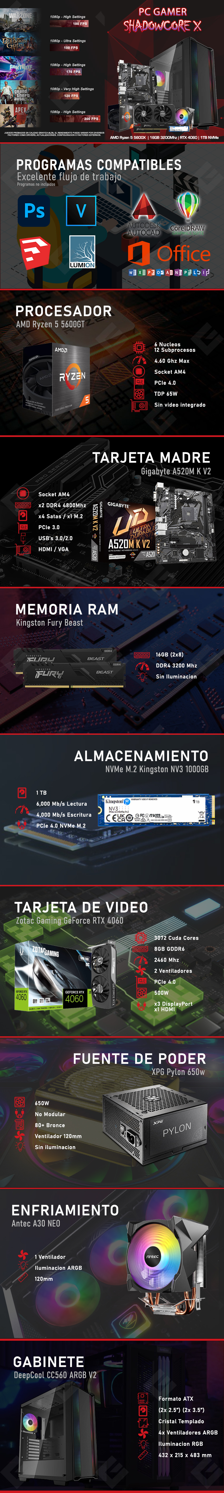 PC Gamer ShadowCore X | AMD Ryzen 5 5600 GT | Nvidia RTX 4060 8GB | RAM 16GB DDR4 3200Mhz | 1TB M.2 | 4 Ventiladores RGB
